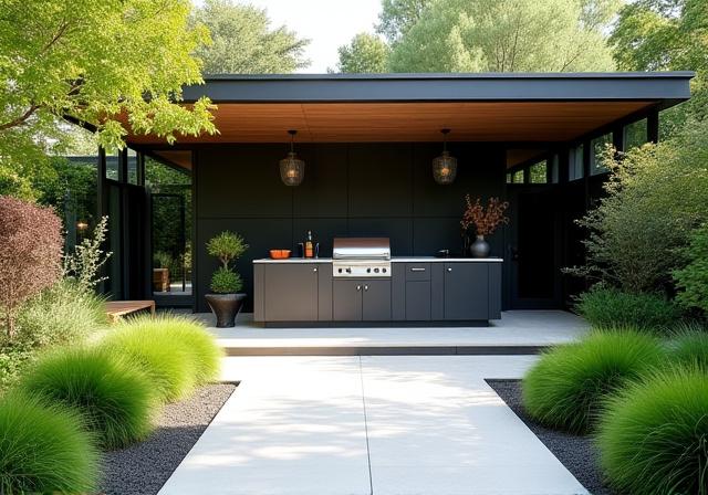 Elegant utekök i en modern trädgårdsdesign med grönska