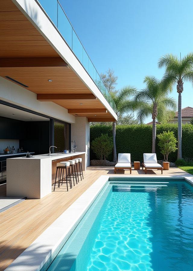 Integrerat utekök vid lyxigt poolområde med solstolar