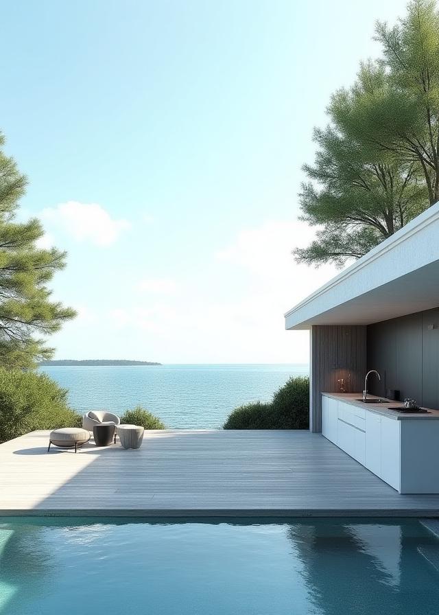 Utekök i skärgårdsstil vid villa med havsutsikt