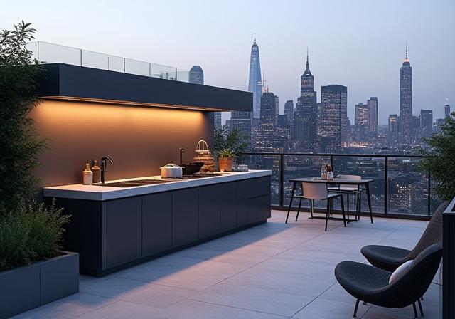 Minimalistiskt utekök på en modern takvåning i stadsmiljö